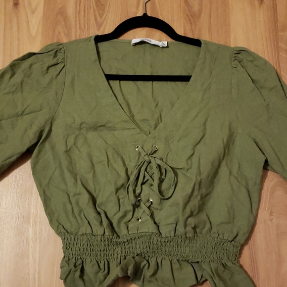 Olive Green Tie Front Peplum Top - Picture 2 of 4